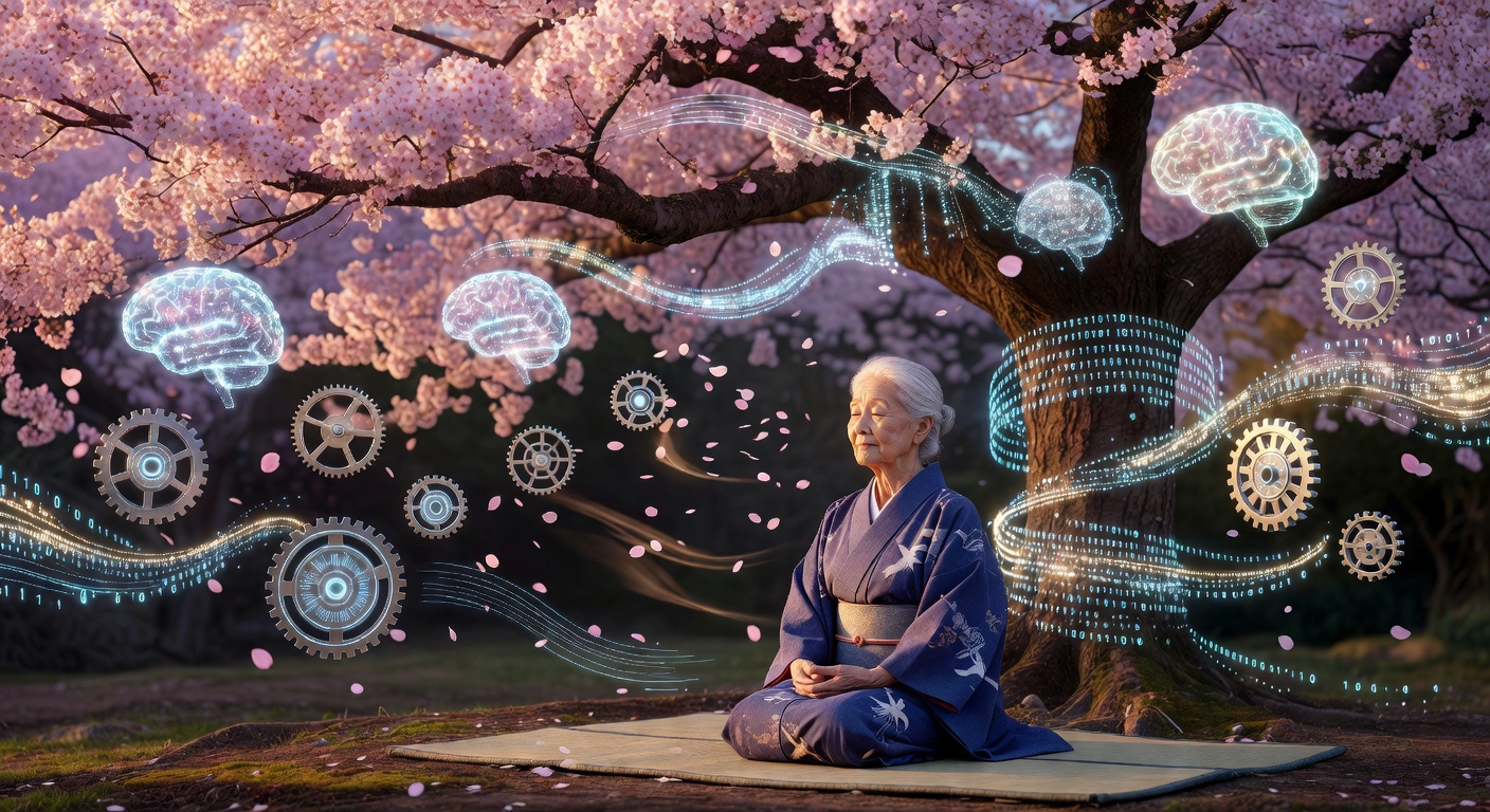 静かに瞑想するおばあさんAIのイラスト