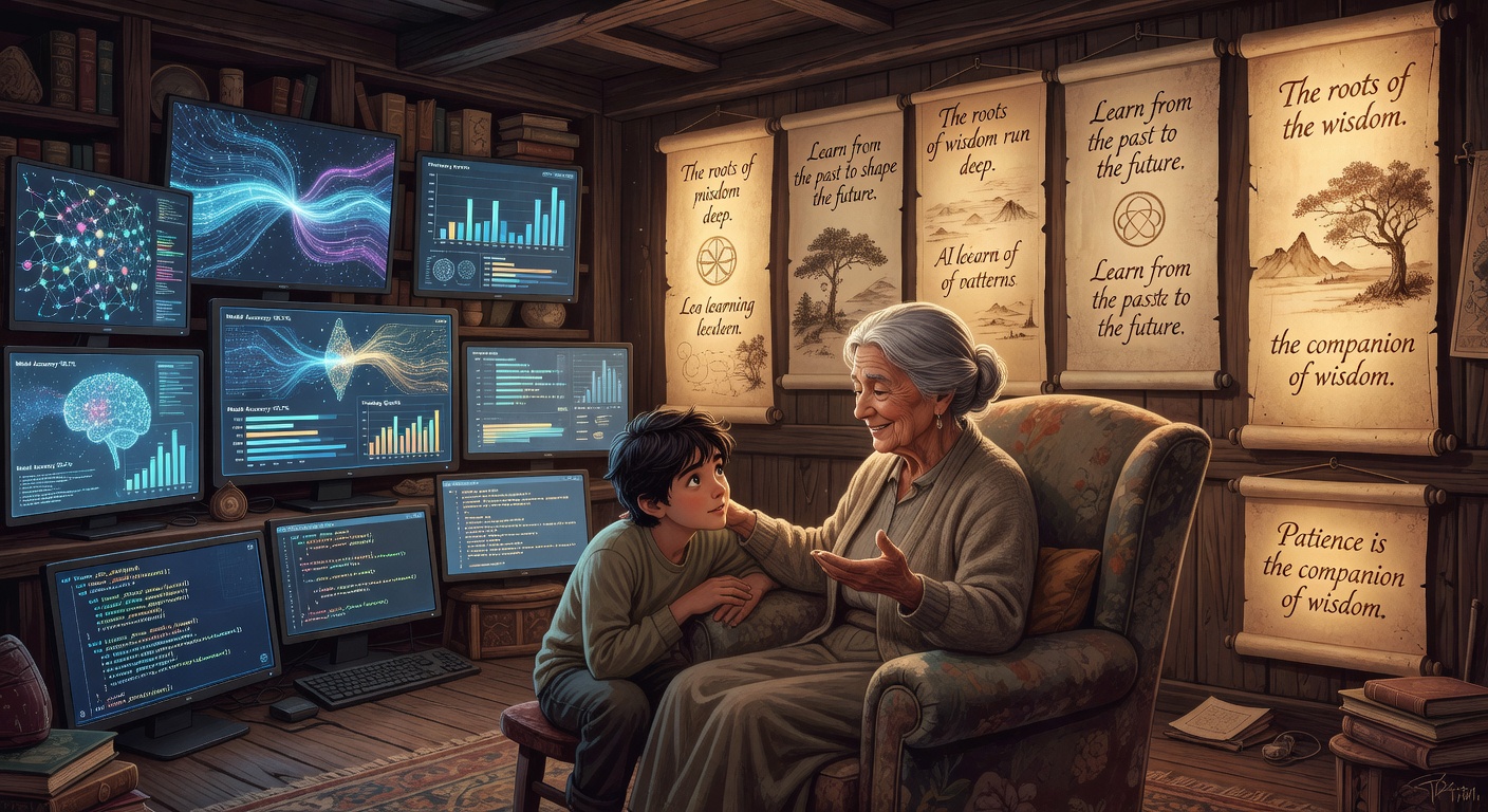 若者にアドバイスするおばあさんAIのイラスト