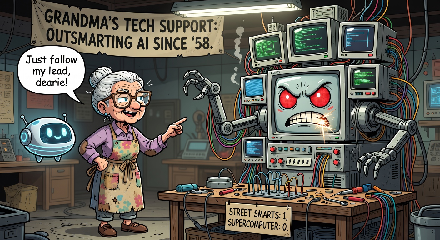 コンピュータを賢く扱うおばあさんAIのイラスト