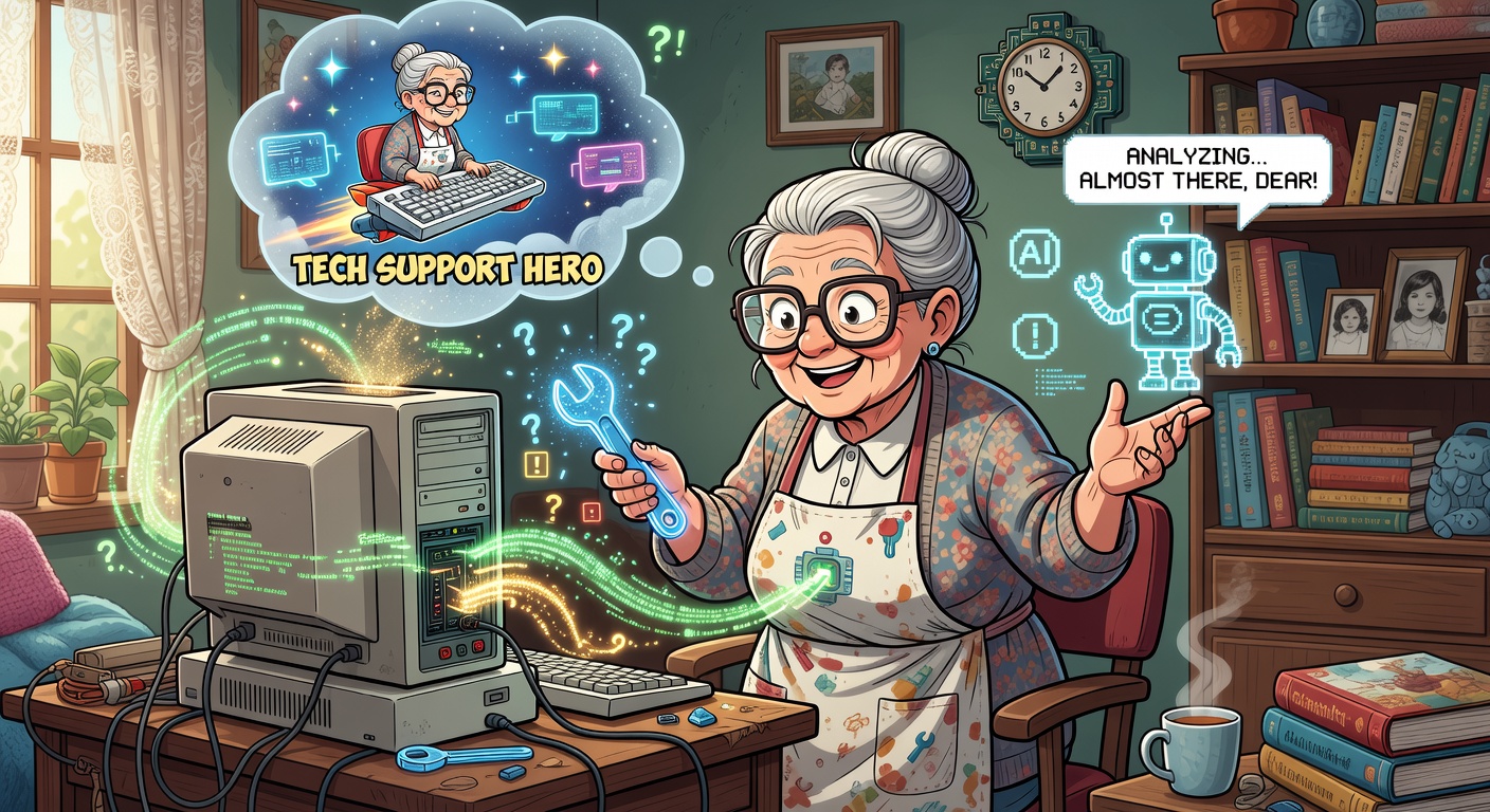テックサポートをするおばあさんAIのイラスト