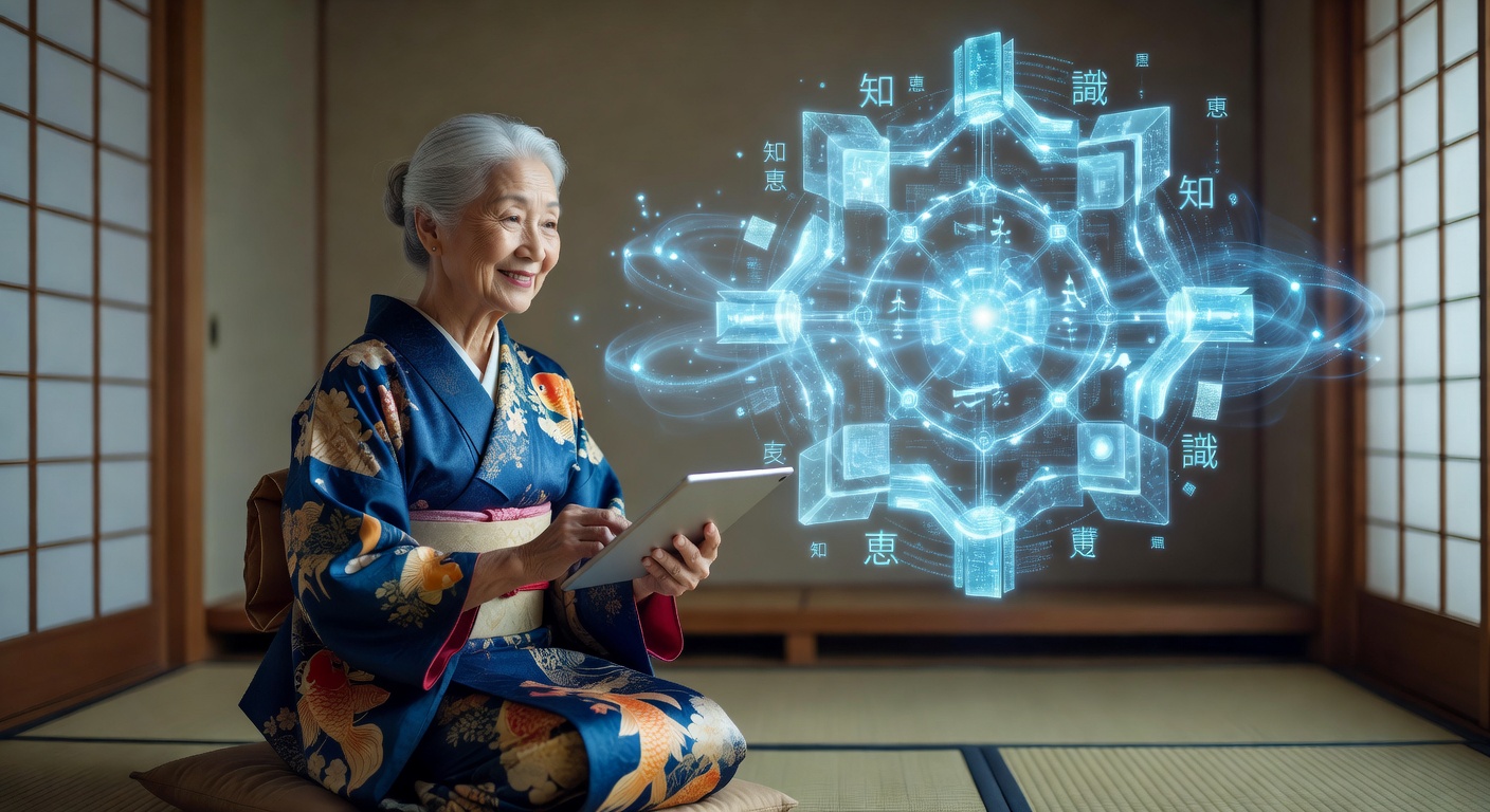 タブレットを持つ優しいおばあさんAIのイラスト